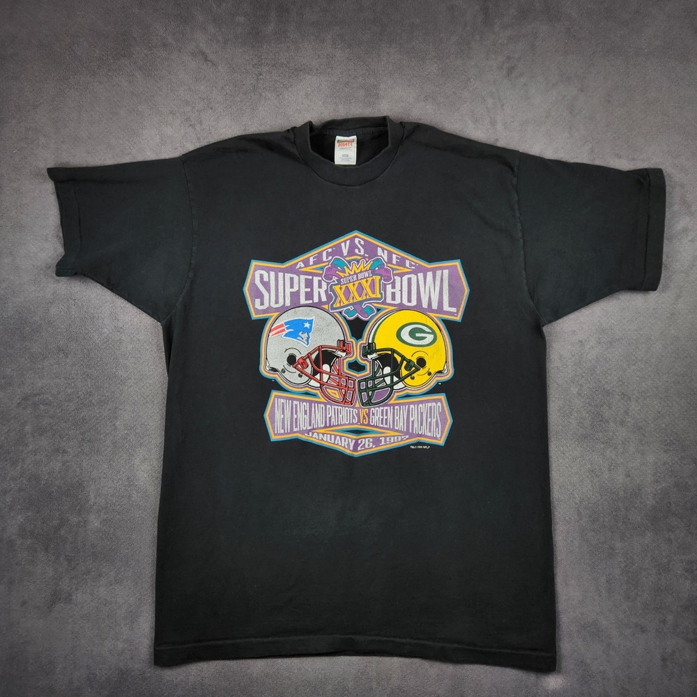 Vintage Super Bowl XXXI Shirt Mens XXL Black 1997 Patriots Packers Single Stitch